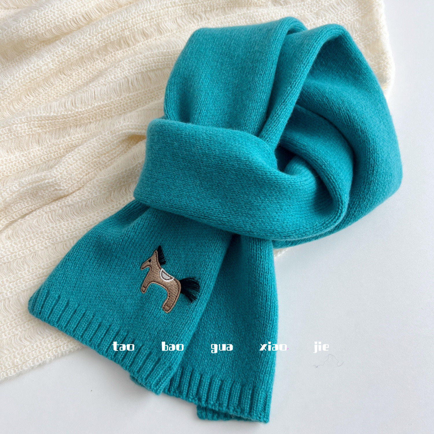 刺绣小马蓝色短款纯羊毛围巾女冬季韩系小围巾保暖可爱情侣款围脖