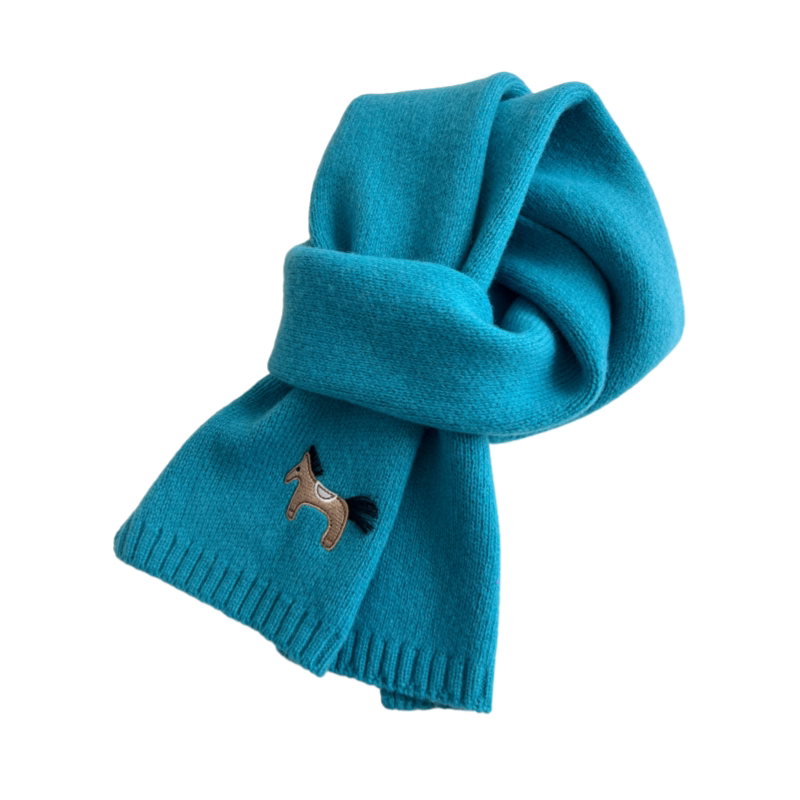 刺绣小马蓝色短款纯羊毛围巾女冬季韩系小围巾保暖可爱情侣款围脖