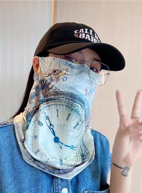 夏季冰感防晒面纱女蓝色面罩遮脸口鼻罩练车开车透气神器防晒脖套