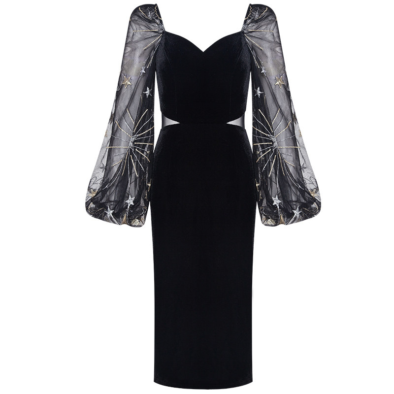 黑色天鹅绒灯笼袖包臀裙法式连衣裙 onerila连衣裙