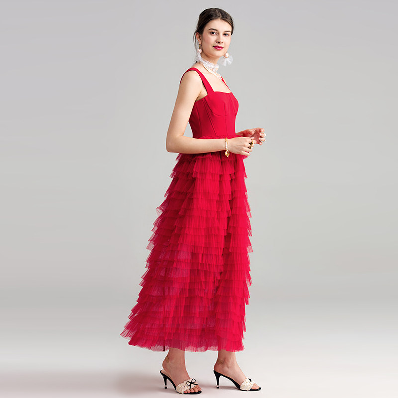 红色年轻款女蛋糕裙中长款敬酒服 onerila礼服/晚装