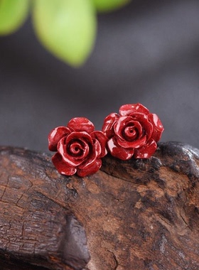天然朱砂红玫瑰花耳钉S925银针本命年养耳洞红色耳饰女神节送礼