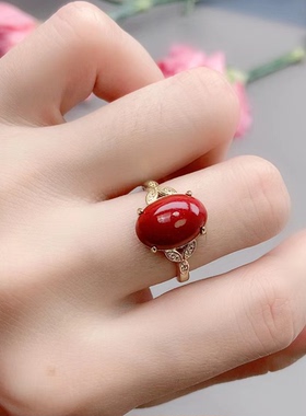 天然辰砂紫金砂戒指活口可调节富贵花开蛋面戒指指环男女款礼物