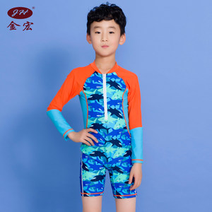 金宏儿童泳衣男女中大童2019新款时尚花色连体平角长袖防晒游泳衣