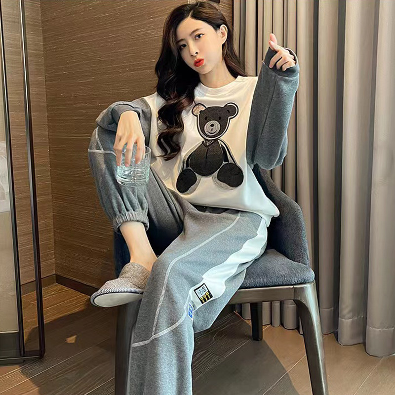 带胸垫纯棉睡衣女春秋季韩版卡通长袖长裤全棉可外穿家居服两件套,淘宝优惠券,粉丝福利购,淘宝优惠卷