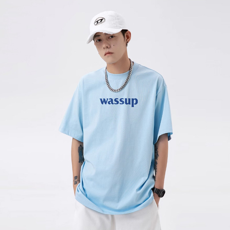 WASSUP潮牌字母浅蓝T恤短袖男女夏季宽松百搭情侣重磅纯棉上衣服