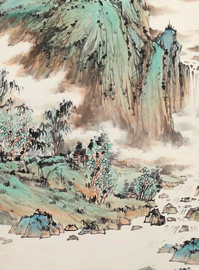 孤品收藏名家手绘青绿山水横幅