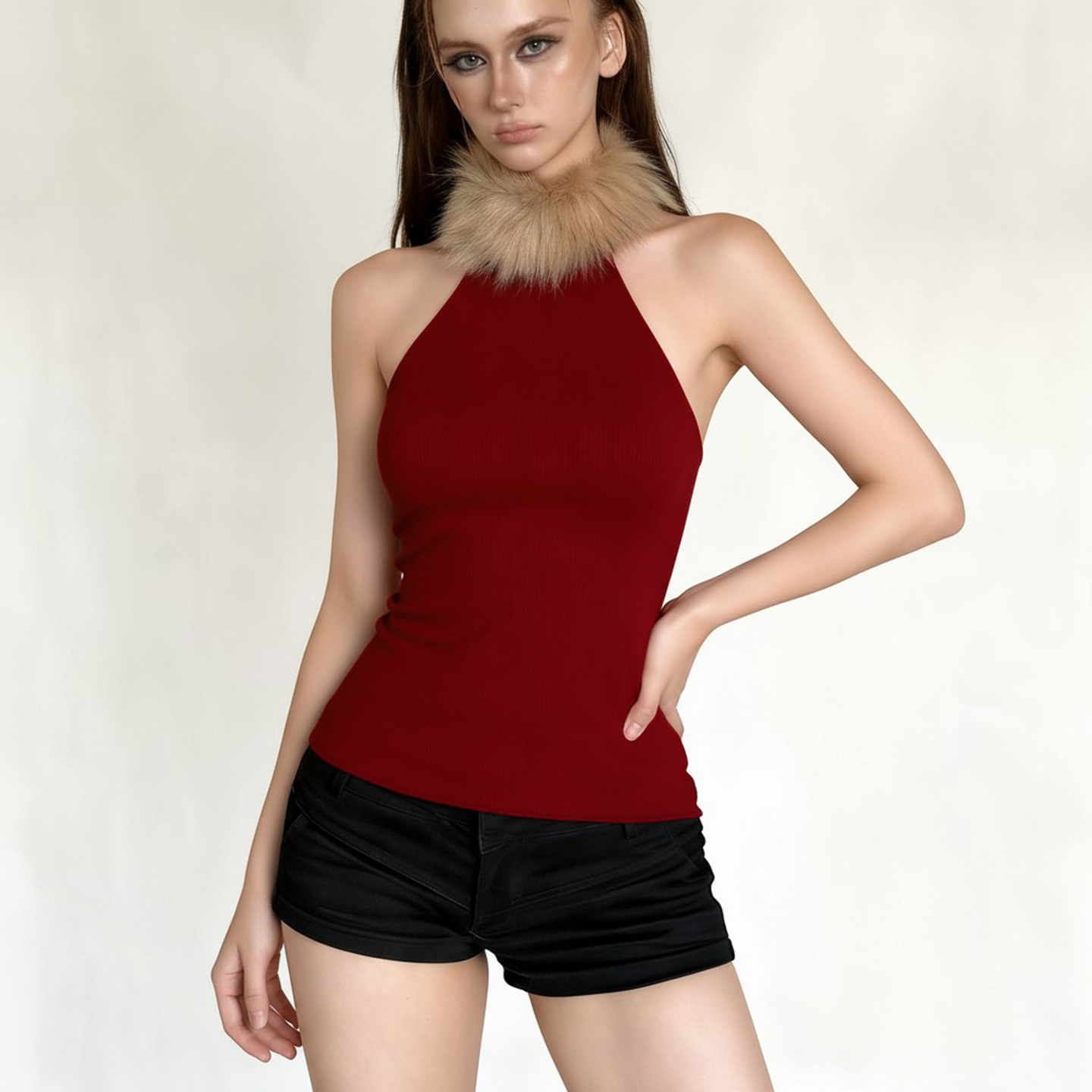 DARLINGAGA美式辣妹风毛毛拼接半高领工字背心女修身百搭无袖吊带 - 图2