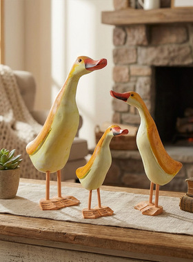 复古木质鸭子桌面摆件三件套