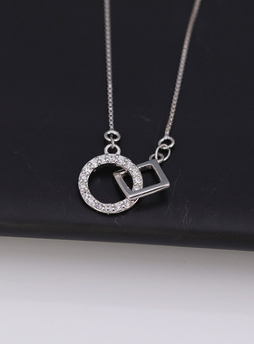 999纯银方圆几何相扣项链女轻奢高级感冷淡风锁骨链满钻吊坠饰品