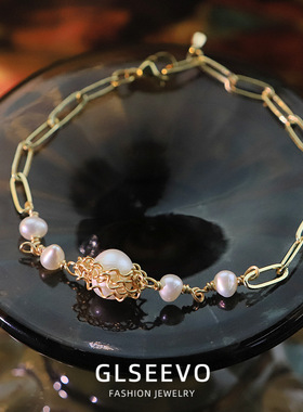 花朵天然珍珠回形针链条手链女时尚设计感手环气质高级感手饰批发