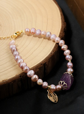 天然淡水紫色珍珠项链回纹路手链福牌套装高级感送闺蜜轻奢礼物