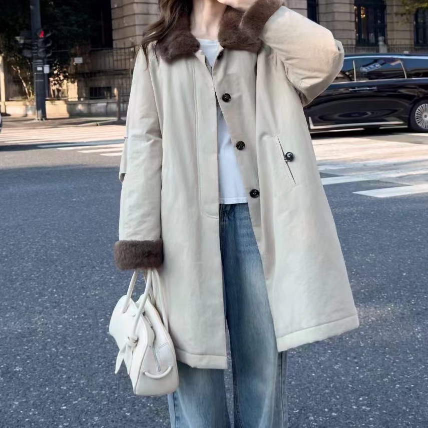 韩女穿搭 100棉90白鹅绒羽绒服中长款外套女青根貂毛领QY263长95 - 图3