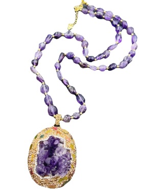 原矿紫晶碧玺原石项链法式欧美个性新款毛衣链个性时尚保色