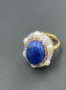 国风项链复古青金石毛衣链珍珠套装高档手工镶嵌捷克钻三件套