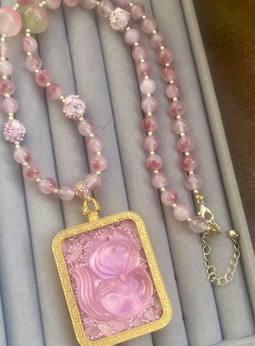 新中式国风粉色狐狸项链女小众设计感高级轻奢气质唐卡分毛衣链