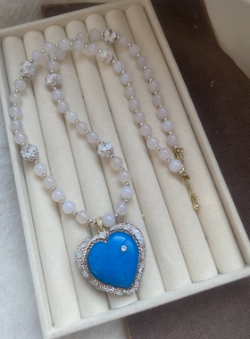 蓝色石心形吊坠毛衣链海蓝之心项链手工镶嵌捷克钻工艺百搭
