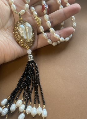 巴洛克淡水珍珠项链毛衣链吊坠镶嵌复古设计感长款