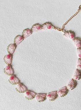 新款夏日甜美粉色孔雀翎米珠项链女小众复古新中式编织锁骨链一