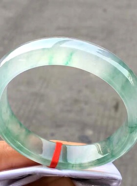 缅甸翡翠手镯冰种飘花玉手镯女细条少女款飘蓝花天然翡翠正圈玉石