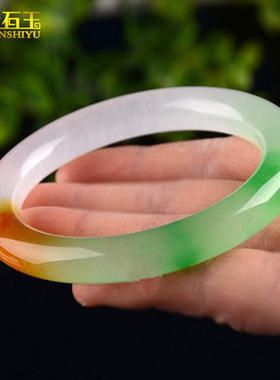 冰种三彩福禄寿翡翠玉手镯女款石英岩玉圆条三色玉镯翠绿色玉镯子