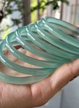 油青绿翡色翠玉细圆条美人镯玉髓手镯女款满釉青绿冰透玛瑙镯子饰