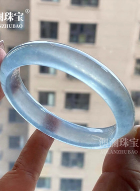 天然高冰种库里蓝玉髓蓝晴水手镯女翡翠色高冰种礼盒装