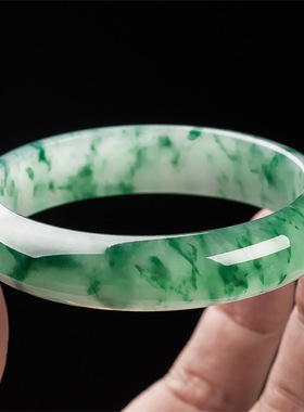 缅甸老坑冰种飘花翡翠手镯飘绿花冰糯种正圈玉镯少女款玉石玉手镯