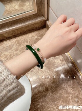 天然新疆和田玉碧玉手镯圆条8mm菠菜绿玉镯玉石手镯碧绿镯子七夕