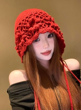 红色手工钩花毛线帽女秋冬保暖护耳流苏包头帽甜美显脸小针织冷帽