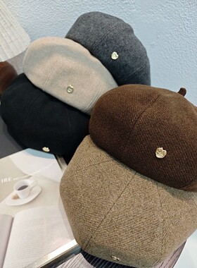 复古毛呢贝雷帽女秋冬新款爱心标画家帽韩版百搭显脸小八角帽