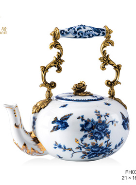 凤凰美居铜配瓷精美彩绘花卉茶壶青花经典百搭温茶壶套装下午茶杯