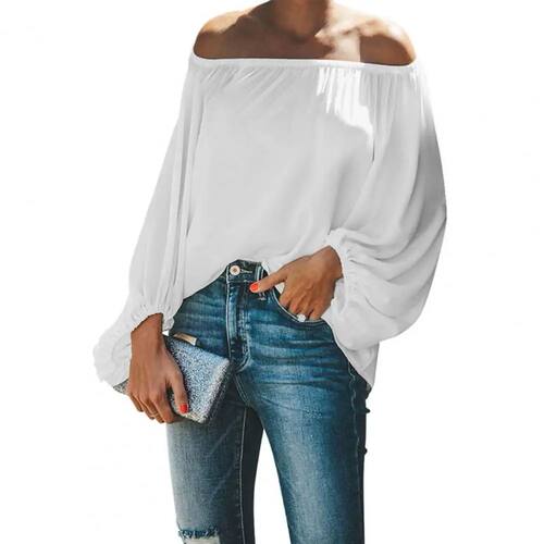 Solid color one shoulder lantern sleeve top 一字肩灯笼袖上衣 - 图1