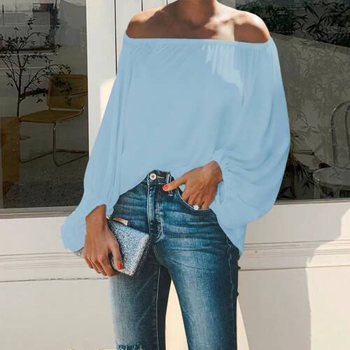 Solid color one shoulder lantern sleeve top 一字肩灯笼袖上衣 - 图2