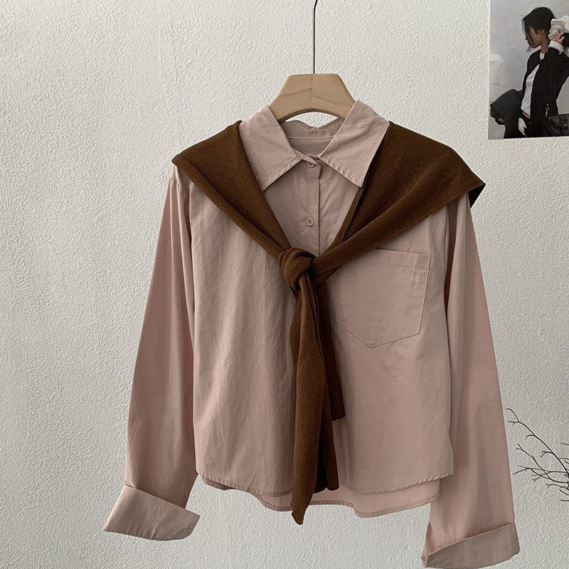 搭配针织披肩衬衫两件套女秋季实拍图翻领单排扣叠穿长袖衬衣,淘宝优惠券,粉丝福利购,淘宝优惠卷