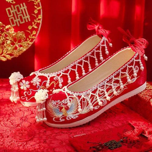 新款容颜加密珍珠南鸢祥瑞女古风新娘婚鞋中式秀禾流苏刺绣汉服鞋 - 图0