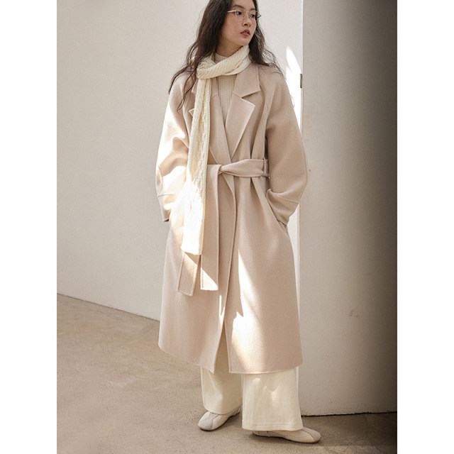 popchrio◆高支羊毛西装领双面呢大衣宽松系带呢子中长款外套女冬