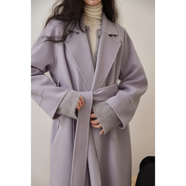 popchrio◆高支羊毛西装领双面呢大衣宽松系带呢子中长款外套女冬