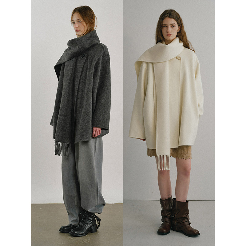 popchrio◆流苏围巾领高支羊毛双面呢大衣小个子短款毛呢外套女冬,淘宝优惠券,粉丝福利购,淘宝优惠卷