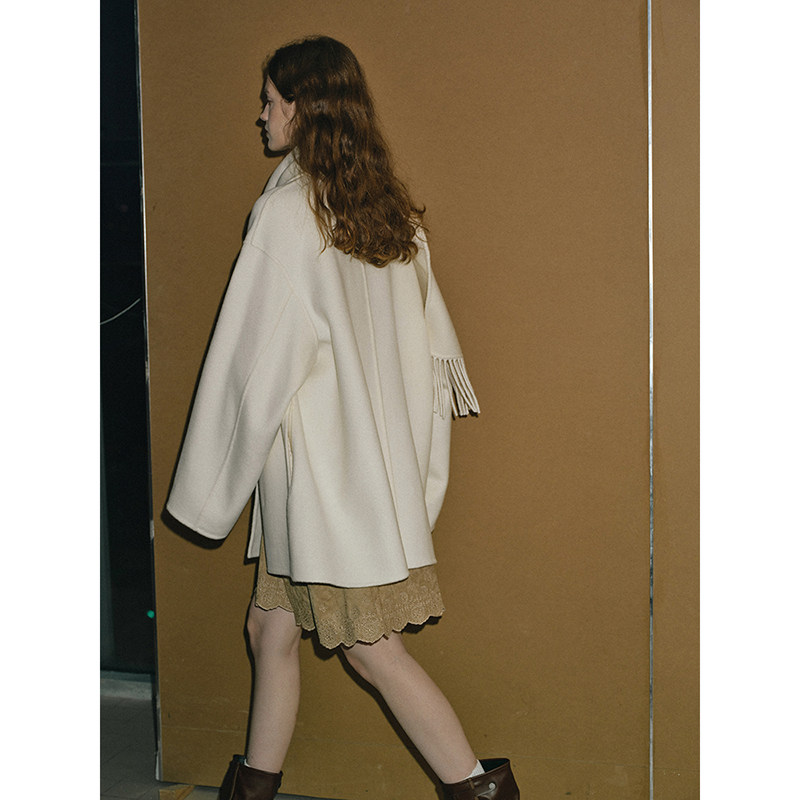 popchrio◆流苏围巾领高支羊毛双面呢大衣小个子短款毛呢外套女冬,淘宝优惠券,粉丝福利购,淘宝优惠卷