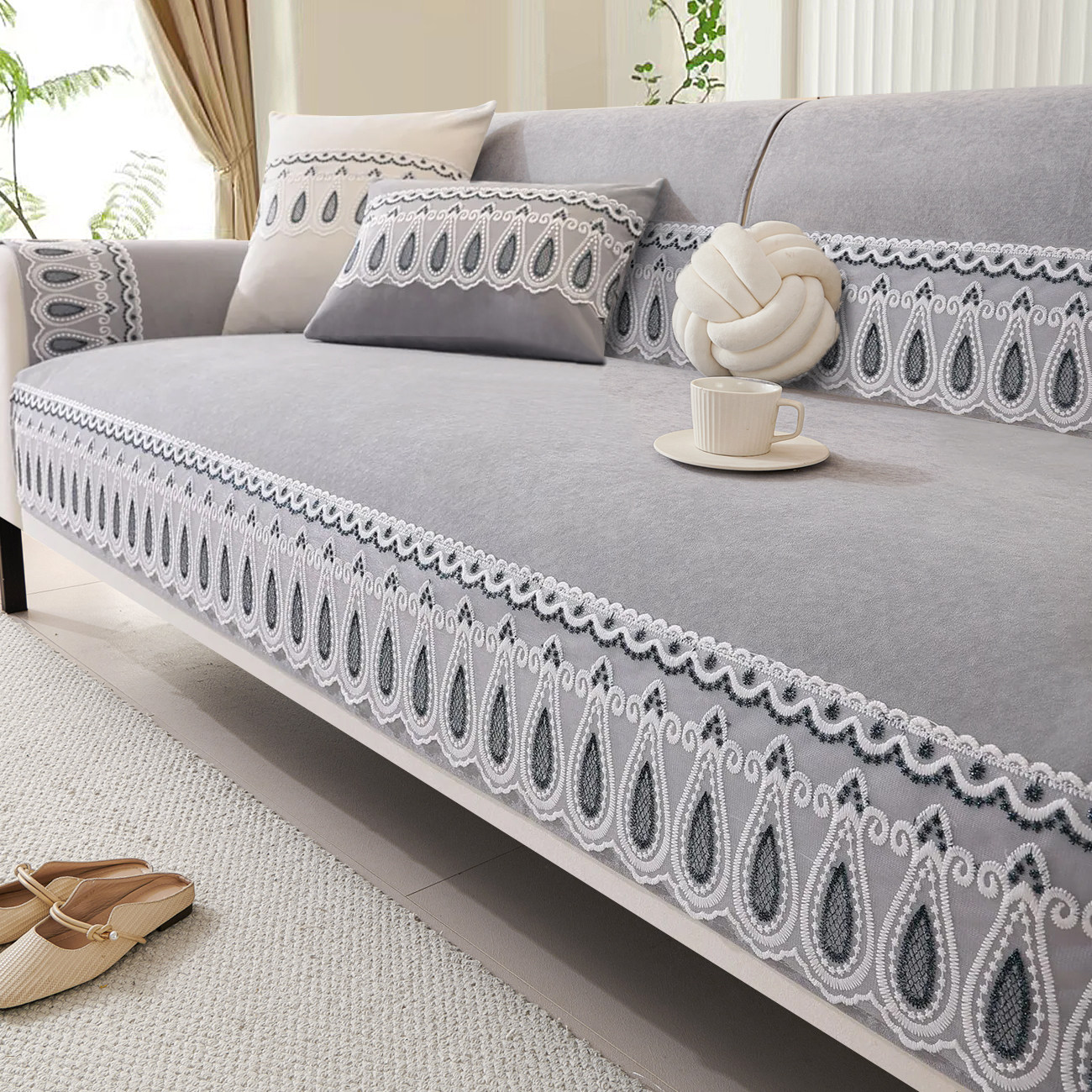 雪尼尔沙发垫四季通用防滑坐垫沙发套罩子简约现代北欧实木靠背夏