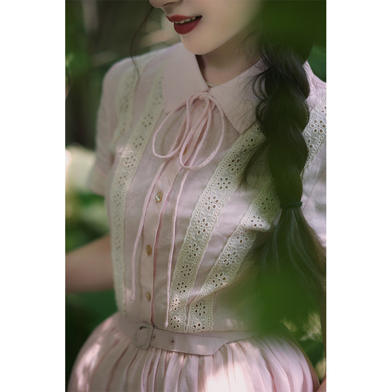 青的衣橱 复古vintage收腰腰带正肩短袖蕾丝连衣裙棉麻赫本风伞裙,淘宝优惠券,粉丝福利购,淘宝优惠卷