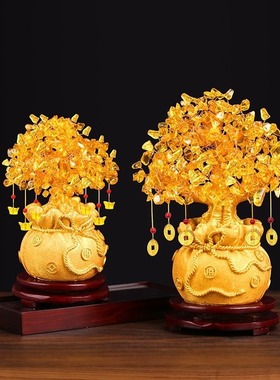 批发黄水晶发财树招财摆件家居酒柜客厅装饰小摇钱树开业礼品