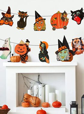 Vintage Halloween Pumpkin Black Cat Witch  Hanging Banners D