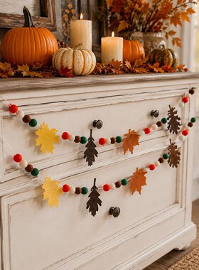 Fall Felt Maple Oak Leaf Garland Pom Banner Thanksgiving Har