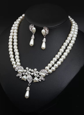 新款复古双层珍珠项链新娘婚纱礼服配饰优雅choker锁骨链耳环套装