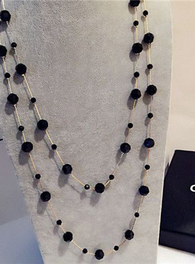 配长裙毛衣链长款百搭时尚气质优雅闪亮黑色水晶女款项链配饰挂件