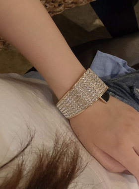 日韩个性时尚不对称金属镶钻手镯网红宽版夸张开口手环百搭手饰品
