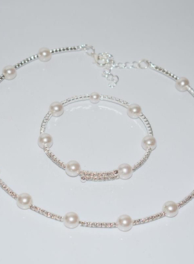 法式单排珍珠锆石水钻项圈手镯耳钉套装新娘婚纱礼服配饰锁骨颈链