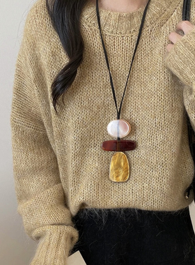 波西米亚长款吊坠项链女新中式复古小众几何挂脖毛衣链民族风配饰